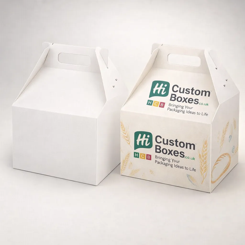 Two white cardboard carrier boxes with built-in handles, one plain and one featuring wheat illustrations and branding. class=